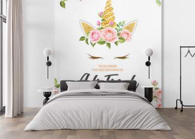 beautiful unicorn card template with floral wreath and gold glitter Wall mural