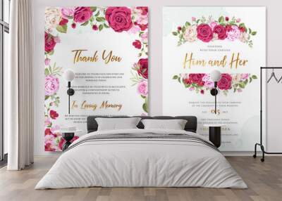 beautiful wedding invitation card with elegant floral and leaves template Wall mural