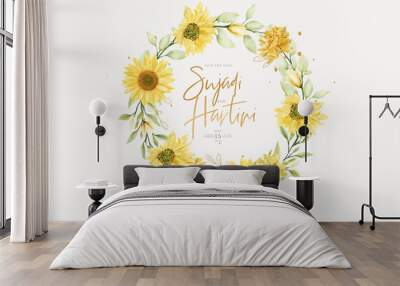 hand drawn sun flower summer floral background and wreath design Wall mural