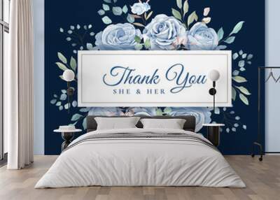 wedding card with blue floral and leaves Wall mural