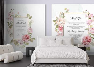 wedding invitation card with floral and leaves background template  Wall mural