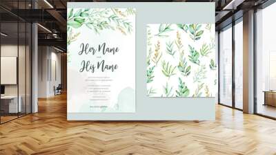 wedding invitation design with green watercolor leaves Wall mural