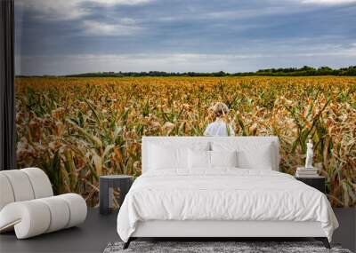 Boy standing in dry corn field in Denmark Wall mural