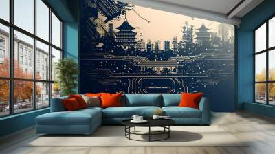 Asian building skyline web background two tone Generative Ai Wall mural