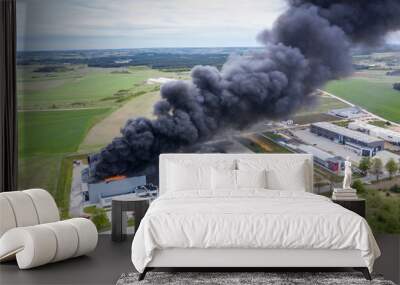 Aerial view of burnt industrial warehouse or logistics center building after big fire with huge smoke from burned roof Wall mural