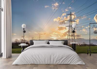 electricity pylon - uk standard overhead power line transmission tower at sunset. Wall mural