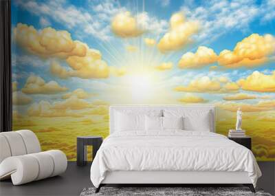 Summer holiday concept: Morning sunlight with abstract blurry bright yellow sky and clouds background Wall mural