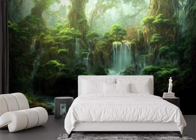 A beautiful enchanted forest with big fairytale trees, waterfall and great vegetation. Digital Painting Background, Illustration. Wall mural