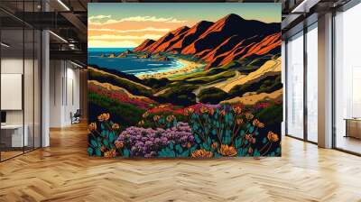 a breathtaking panorama of flower-covered hills at Gaviota on California's central coast Generative AI Wall mural