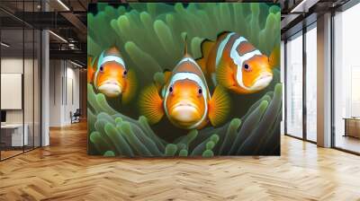 A green anemone with three orange nemo clownfish. Generative AI Wall mural