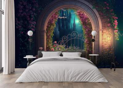 A magical, hidden garden with flower arches and lush vegetation, like one out of a fairy tale. Decorative Digital Painting, Artwork. Generative AI Wall mural