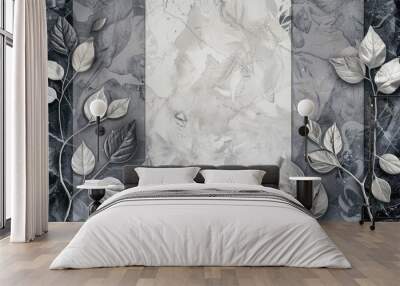 Abstract gray and white marble leaves and granite tiles on contrasting backgrounds with gray leaf banners and mosaic art deco Wall mural