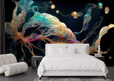 abstract organic life form glowing neon color tecture light jelly fish under deep dark water,.background. Wall mural