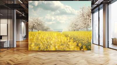 Almond trees in full bloom amidst a golden rapeseed field during the spring season Wall mural