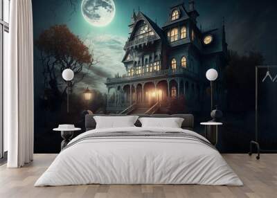 an image depicting the Halloween idea backdrop of a genuine horror mansion and eerie street with moonlight. Generative AI Wall mural