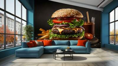 Angus beef burger with french fries, seen from the front, against a black backdrop. Generative AI Wall mural