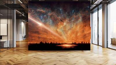 Apocalyptic image of a cross with an orange sky, the Milky Way behind and a beam of light impacting on it insinuating a divine presence Wall mural