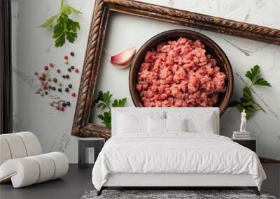 Bowl of ground beef isolated on a white background with a photo frame Wall mural