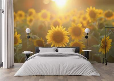 Bright sun illuminates a summer nature of sunflower field Wall mural