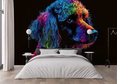 Brightly colored portrait of poodle on a black background with splashes of neon paint in a pop art style. CG artwork Wall mural