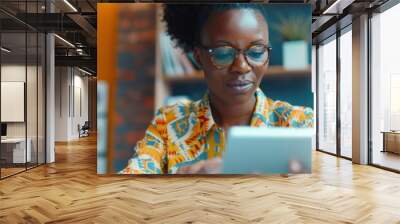 Business professionals collaborating with digital tools for financial planning and report analysis in an office environment Wall mural