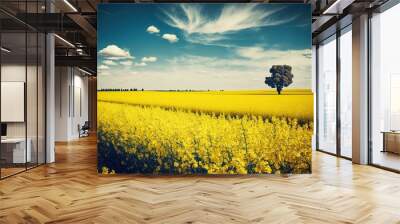 Canola fields on a sunny summer day provide for a beautiful natural backdrop in this scenic landscape photo. Generative AI Wall mural