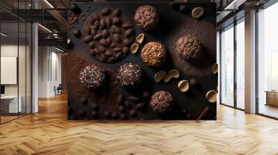 Chocolate muesli biscuits, truffles, and a black drop from above Generative AI Wall mural