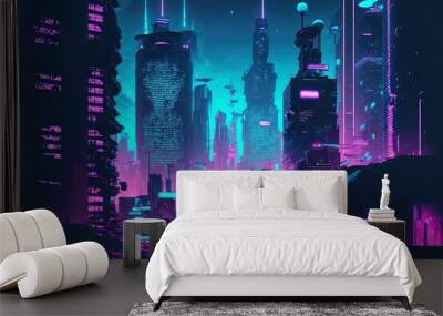 Cityscape in cyberpunk style, lit up by purple and cyan neon signs. Scene at night with futuristic skyscrapers. Generative AI Wall mural