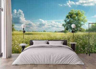 Concept of a landscape with meadow scenery and a blue sky Wall mural