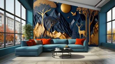 Dark blue mural wallpaper from the contemporary era Christmas tree, mountain, deer, birds, and waves of gold on a dark blue backdrop depicting a jungle or forest. Generative AI Wall mural