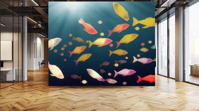 Flocks of fish swim in groups, the underwater circle is shining down. Lots of tilapia Swim in groups or in groups. Naturally, underwater, herds of fish are fed for food. . Wall mural