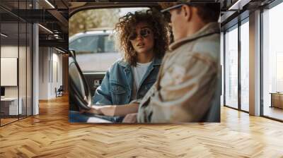 Happy, smiling, and talking on summer road trip with automobile. Happy, free, and biracial guy and lady on vacation, outdoor adventure, or rural tour Wall mural