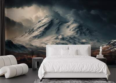 Hill in the snow, surrounded by snow-capped mountains, and a gloomy sky Generative AI Wall mural