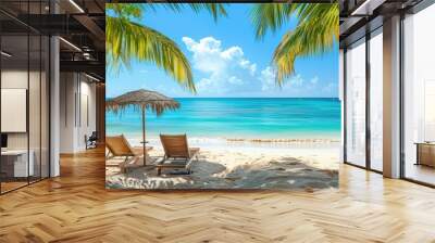 Idyllic beach seating with sunshades on a tropical Caribbean white sandy beach facing pristine blue waters Wall mural