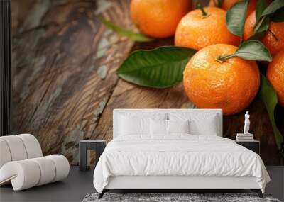 Mandarin oranges or tangerines on wooden table with leaves Wall mural