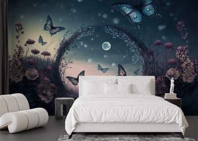 Monarch butterflies flitting in a moonlit enchanted forest Generative AI Wall mural