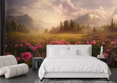 Natural beauty podium backdrop with spring rose flower field Wall mural