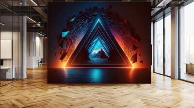 Nighttime road amid towering walls of neon beneath a starry sky; bright triangular doorway into cyberspace; abstract neon backdrop Generative AI Wall mural