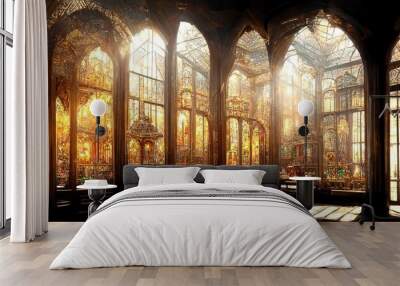 Old Palace interior with high stained glass windows made of multi colored glass, an old majestic hall, sun rays through the windows. Dark fantasy interior.  Wall mural