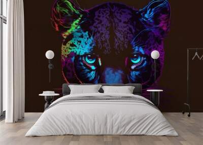 Panther.  is depicted in neon colors against a black background in a pop art style that features splatters of watercolor. CG artwork Wall mural