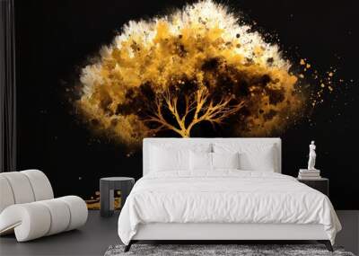 picture of a golden tree standing alone, with gold splashes and textures. Generative AI Wall mural