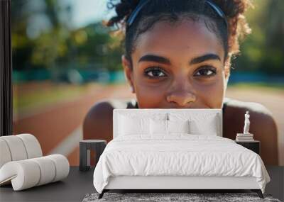 Portrait of a woman stretching and preparing for a run on an outdoor track, smiling and motivated for her training focused on health and wellness Wall mural