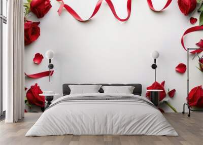 Red roses and ribbon on white background in a romantic floral frame Wall mural