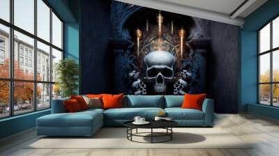 Scene from a gothic horror film, complete with skull, bones, and skeleton. Modern gothic art with an abstract aesthetic. Generative AI Wall mural