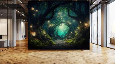 scenery of a magical woodland, fit for a fairy tale, illuminated by brilliant lights. generative ai Wall mural