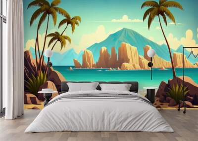 Scenery of a tropical beach, palm palms, and a mountain range cartoon summer seascape with lagoon and horizon rocks; parallax backdrop; perfect for 2d animation Generative AI Wall mural