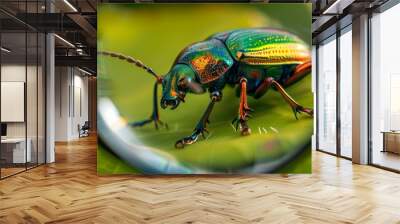 Science, study, and entomology in natural garden with magnifying glass and jewel beetle on green leaves plant. Magnifier-generated bugs or flying insects for backyard inspection Wall mural