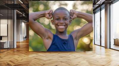 Sports, fitness, and a handsome boy displaying his biceps outside. Train and exercise a young boy outdoors for exercise, entertainment, and development. Wall mural