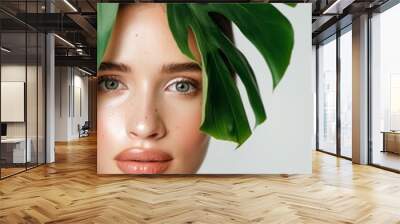 Studio background with woman, portrait, and monstera leaf for beauty, natural cosmetics, and aesthetic wellness. Vegan dermatology's sustainability, plant-based skincare, and face model Wall mural