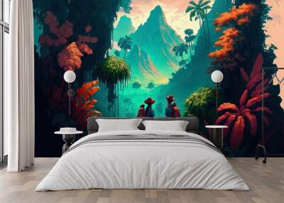 Stunning digital art of a female explorer and adventurer in a tropical forest setting with mountains. Scenery like a jungle, with colors that blend in harmony. Generative AI Wall mural